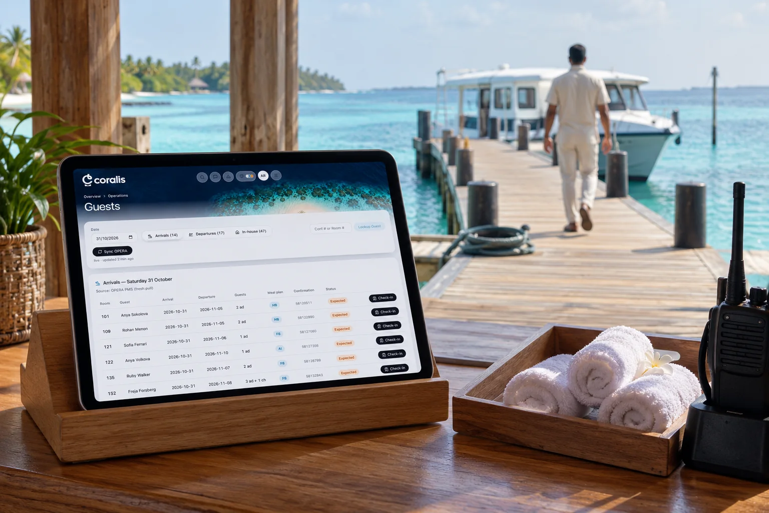 A tablet at the arrival jetty showing the guest list.