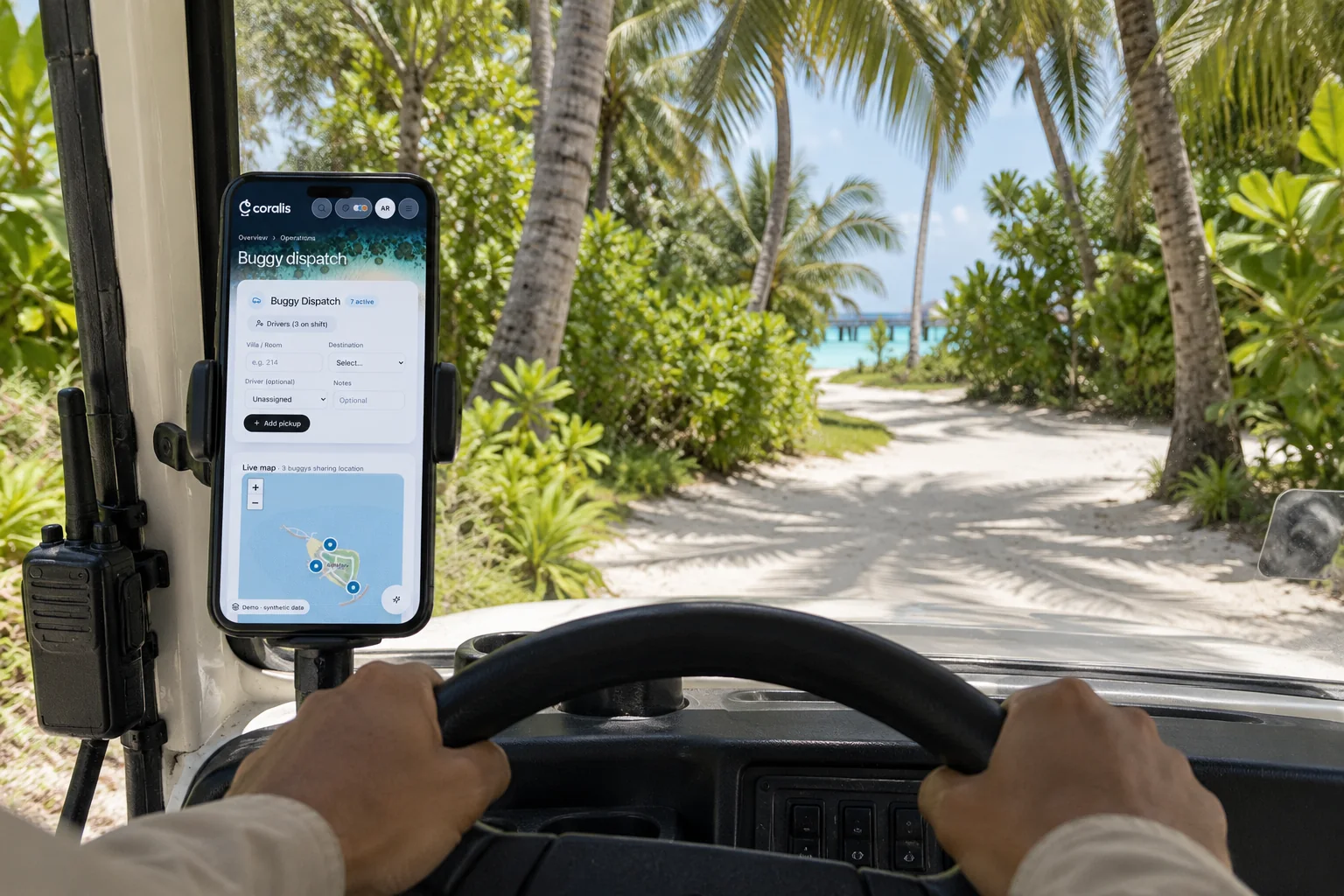 A phone mounted in a buggy showing a pickup.