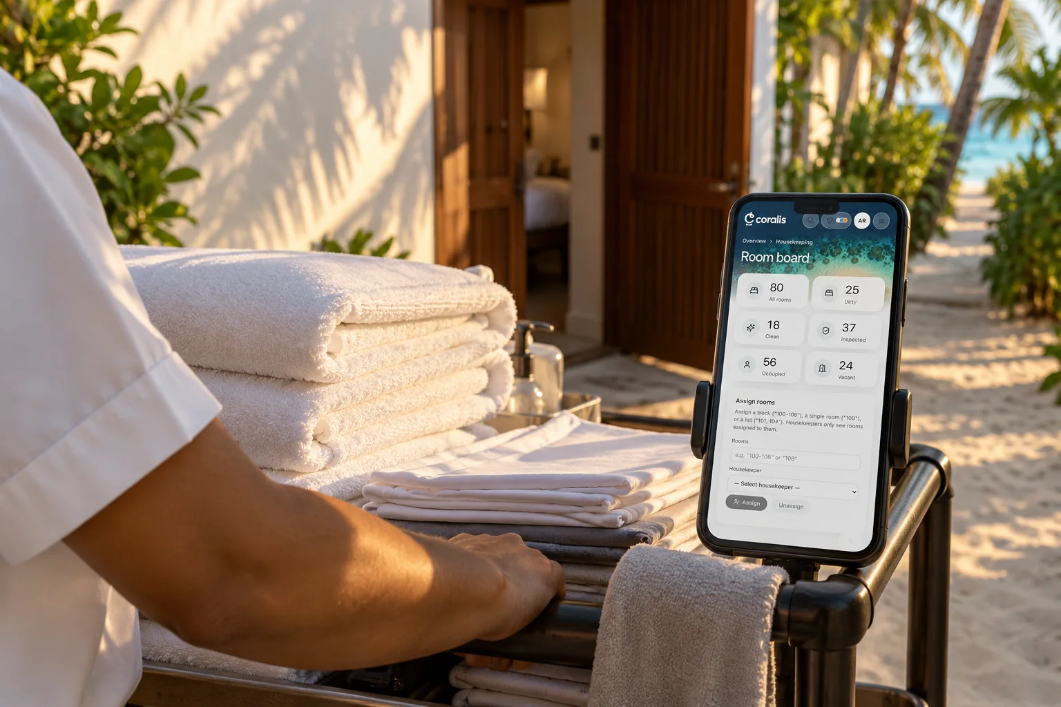 A housekeeper holding a phone showing the villa checklist.