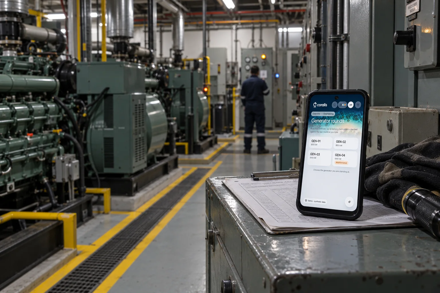A phone in the plant room showing a generator round.